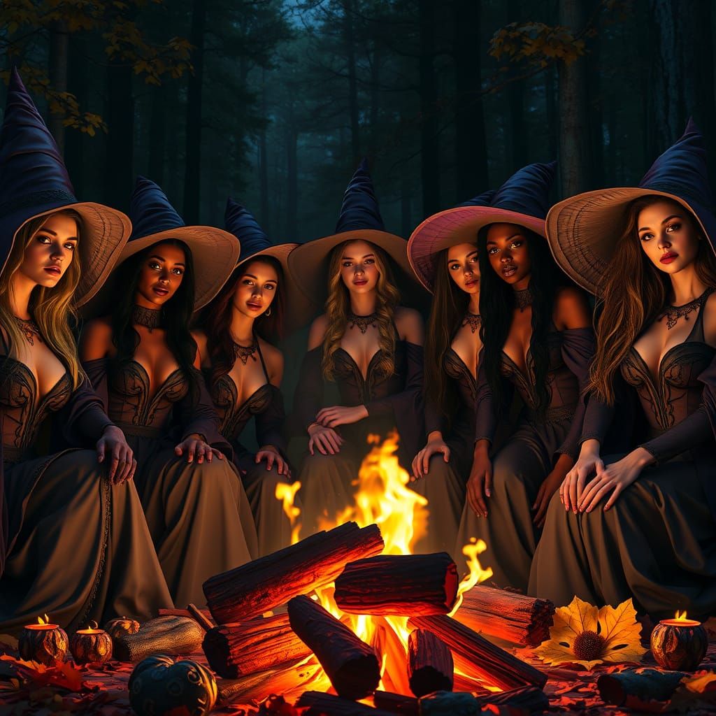 Witches Around Campfire in Autumn Forest Night