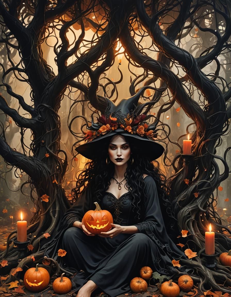 Enchanting Witch with Lilies and Halloween Pumpkin