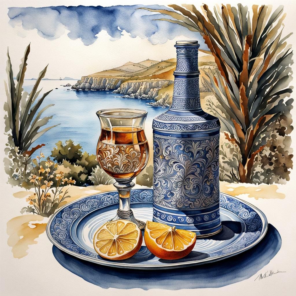 Drinking Raki in Crete: Watercolor and Ink