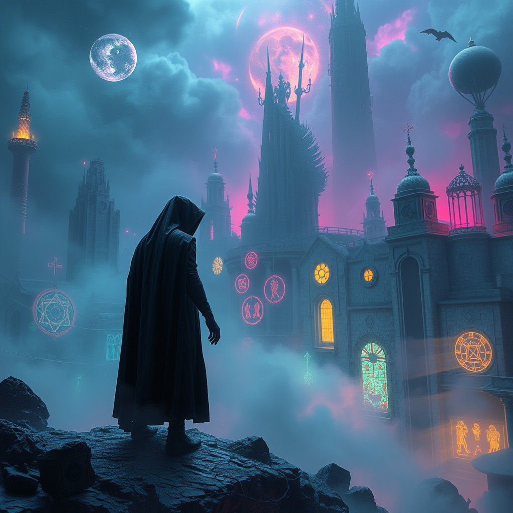Mystical Figure in Dreamlike Cityscape, Digital Painting