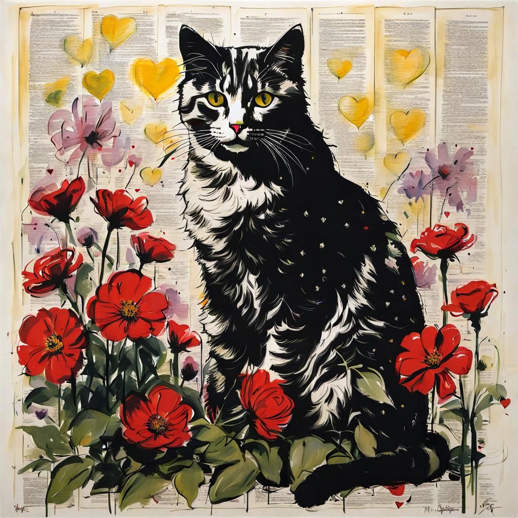 Cat on Pillow in Kentridge Style with Flowers