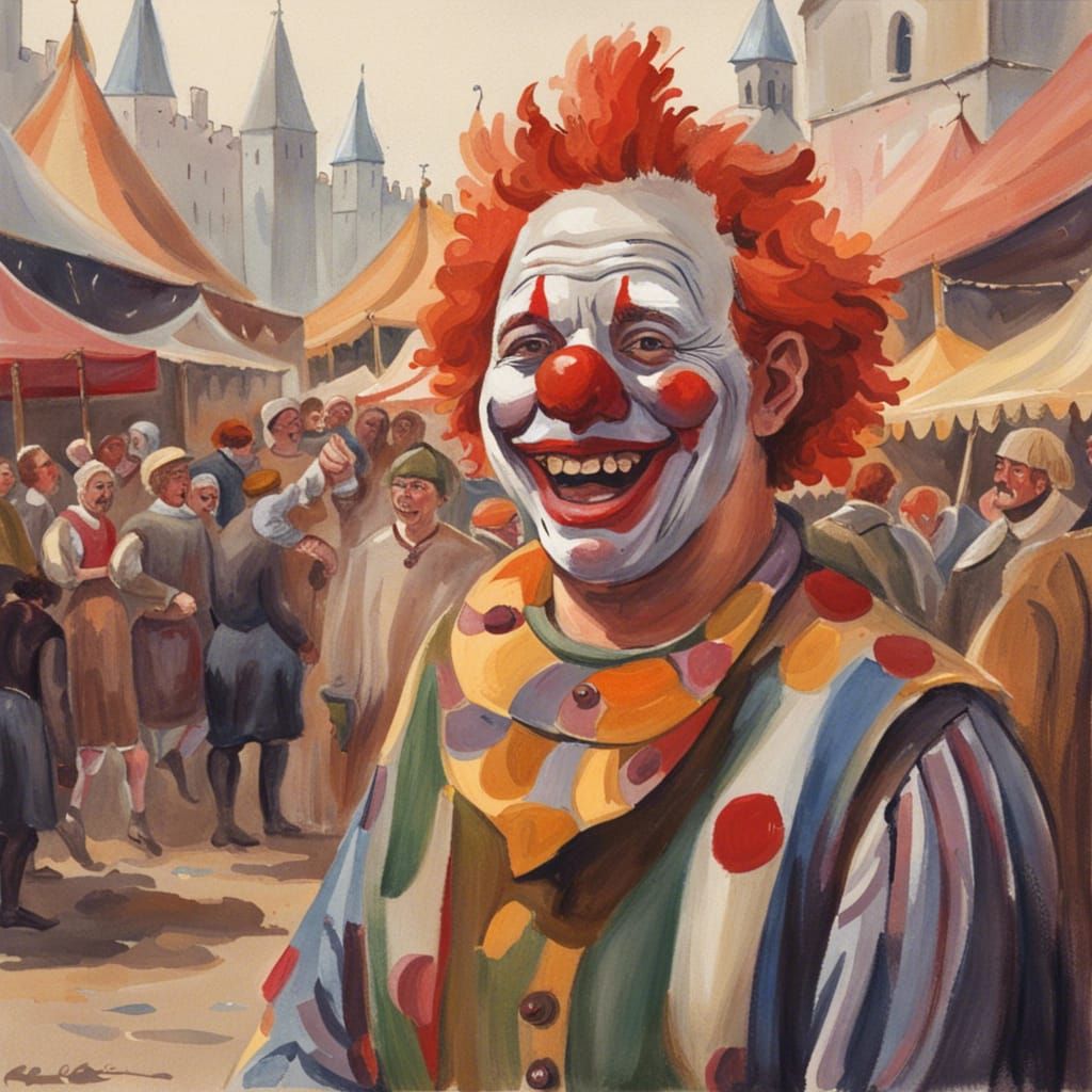 Clown Entertaining Crowd at Medieval Fair, Gouache Style