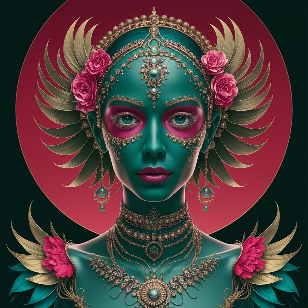 Abstract Psychedelic Design in Jade, Brass, and Crimson