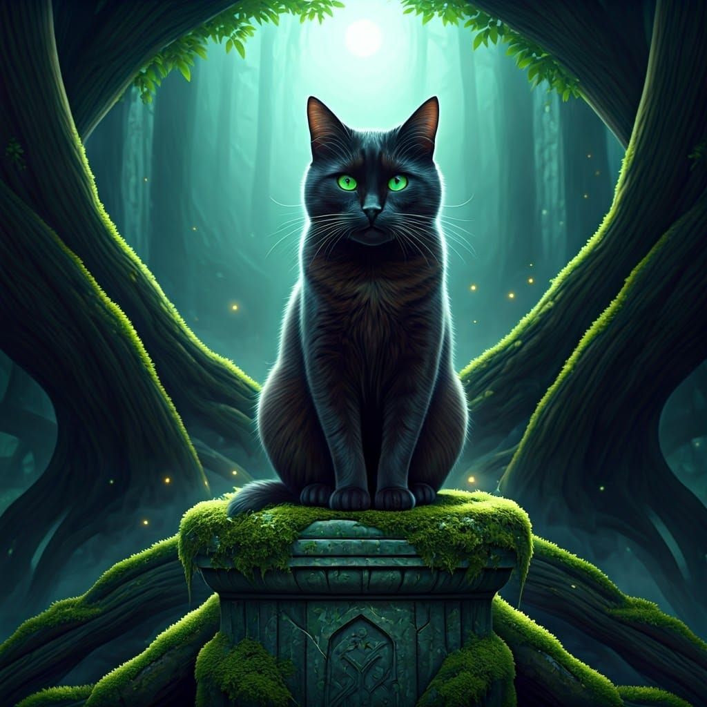 Regal Black Cat in Moonlit Forest, Fantasy Concept Art