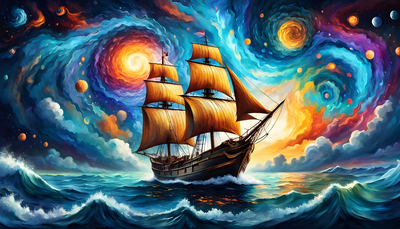 Surreal Cosmic Sailing Ship in Swirling Nebula