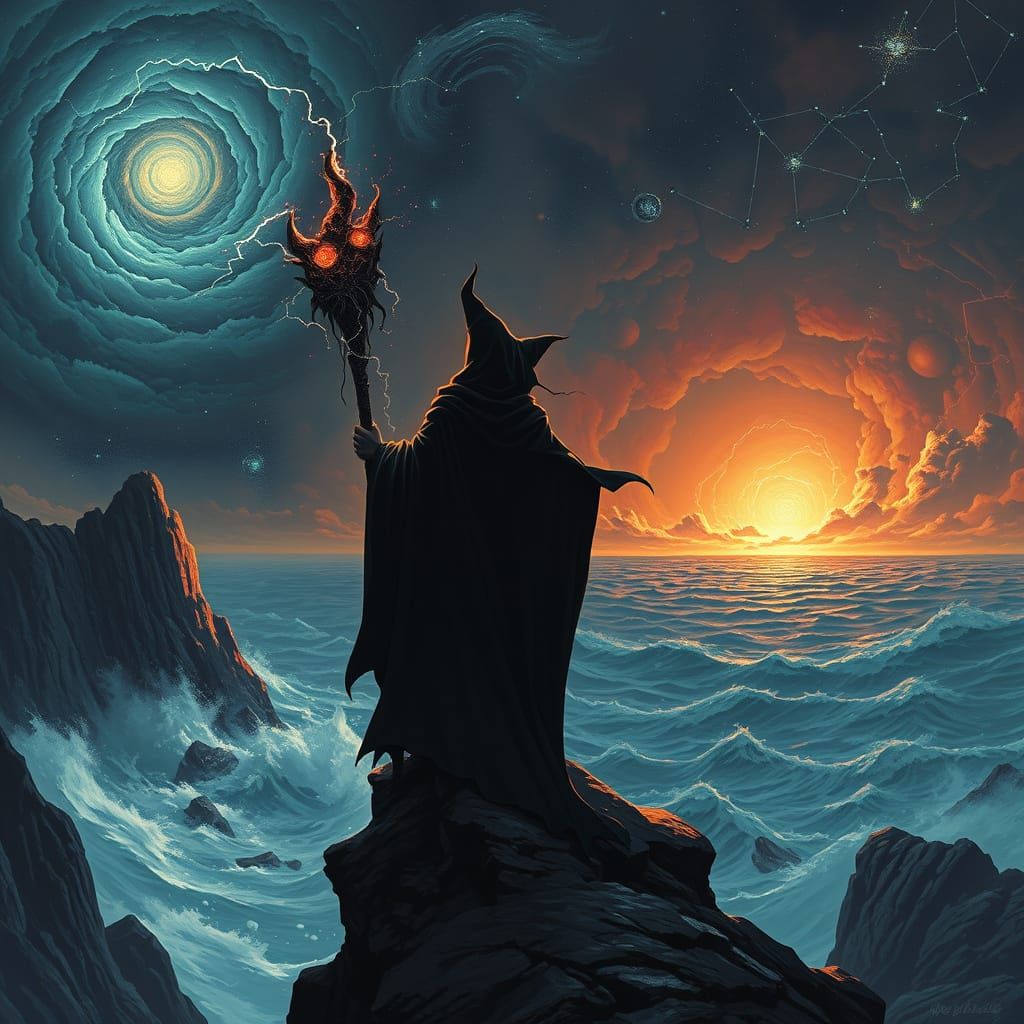 Witch on Cliff Overlooking Cosmic Sea