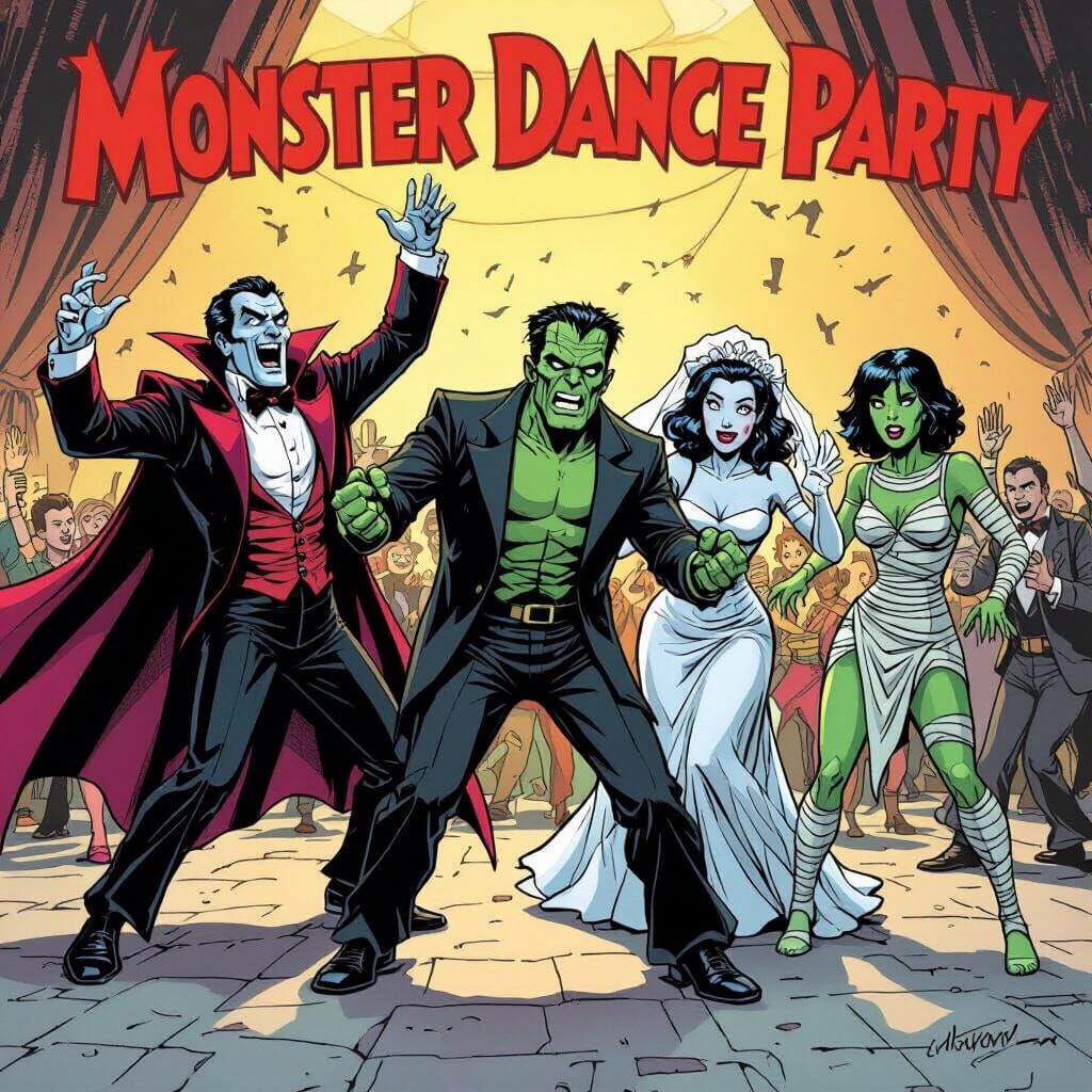 Classic Monsters Dance Party in Comic Book Style