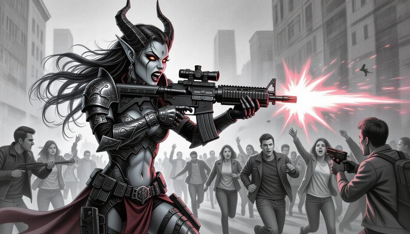 Demonic Cyber Vampire with Plasma Rifle in Charcoal Drawing ...