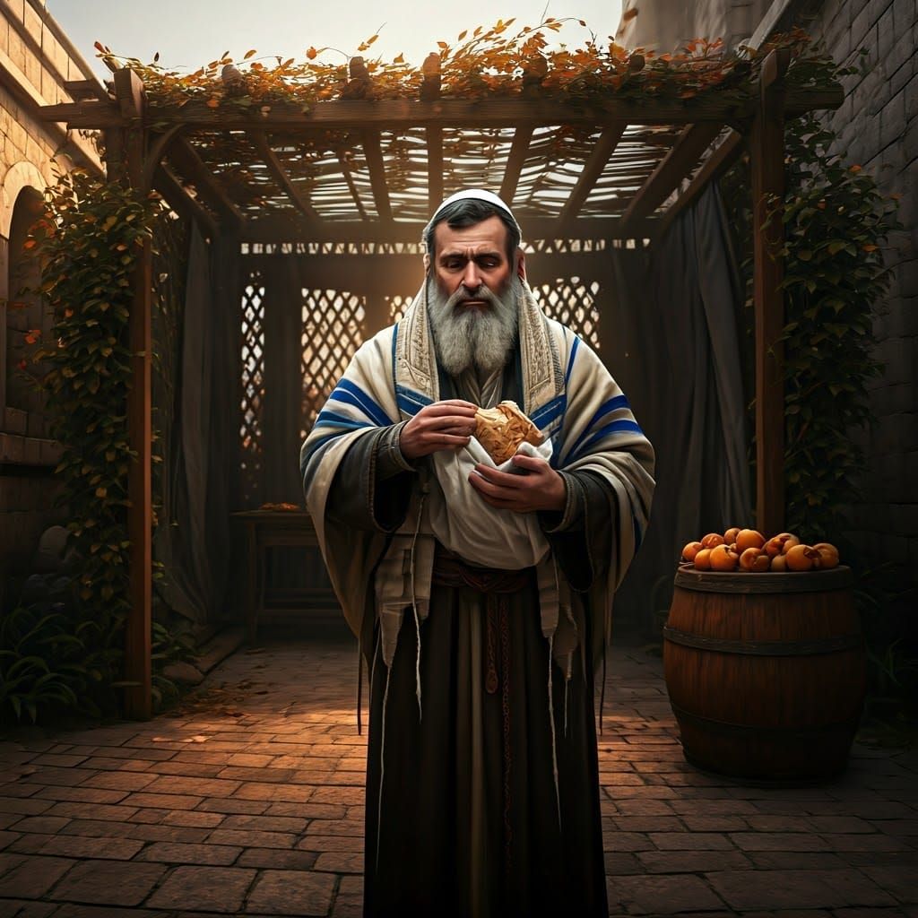 Orthodox Rabbi Savoring Autumn Bounty in Traditional Sukkah