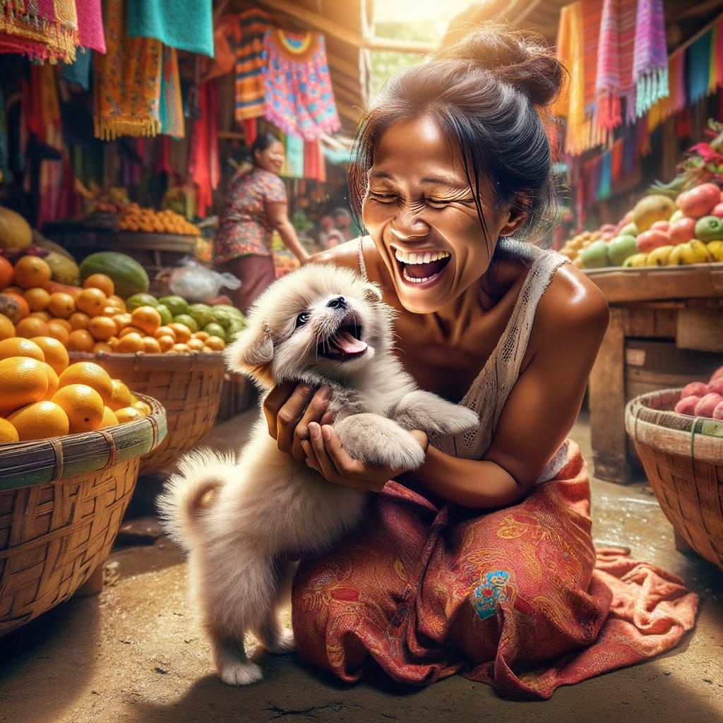 Filipino Woman Smiles at Adorable Puppy in Vibrant Market