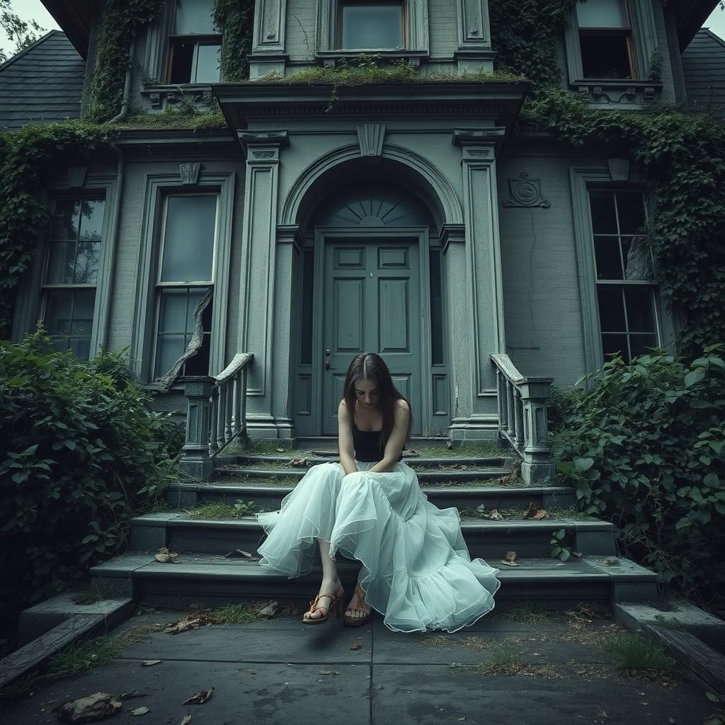 Eerie Girl at Abandoned Manor, Gothic Photography