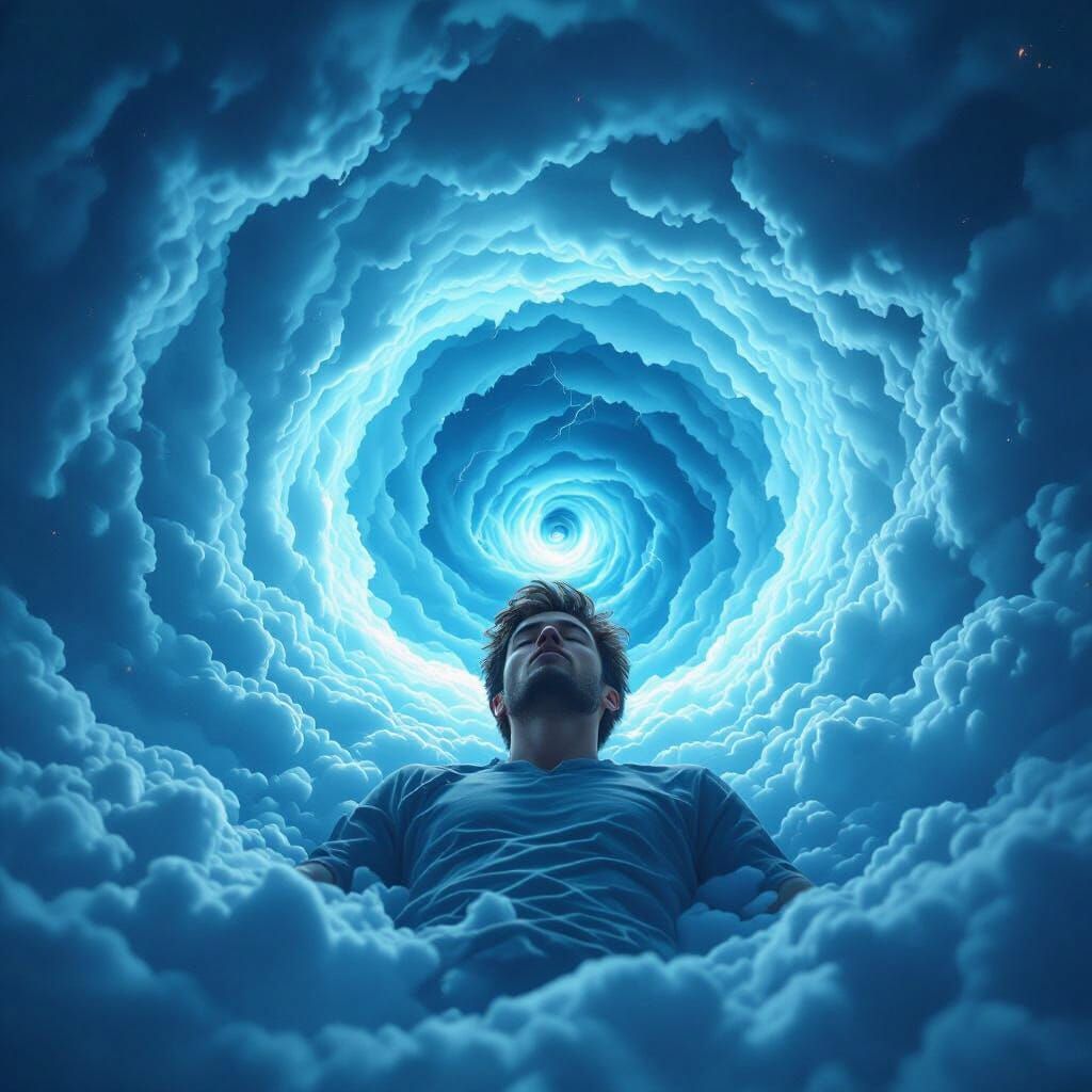 Man Floats in Storm Eye With Blue Light, 3D Fantasy Art