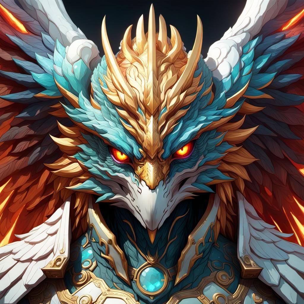 Angelic Phoenix Kaiju Portrait in Hyperdetailed Style