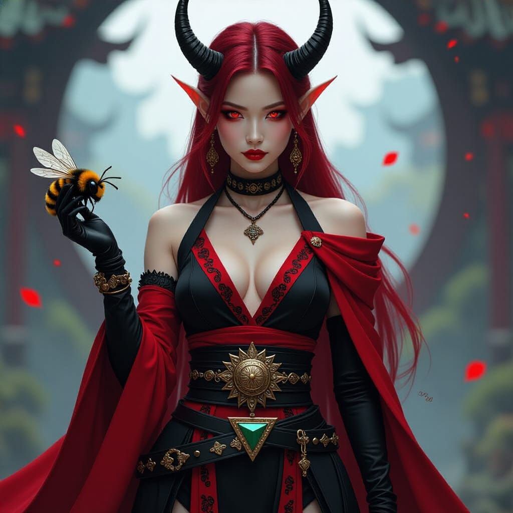 Tiefling with Asian Features in Red and Black Fantasy Attire