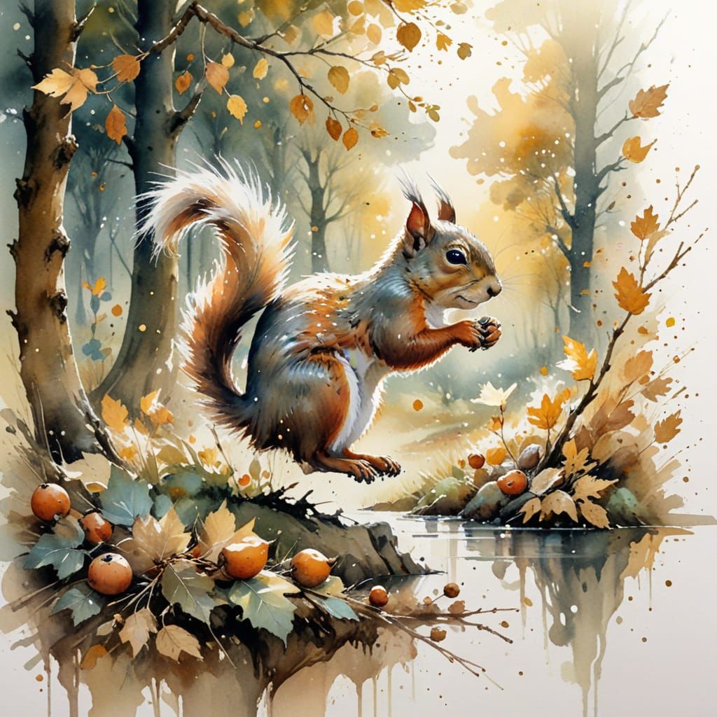 Squirrel in Golden Orchard: Watercolour Art