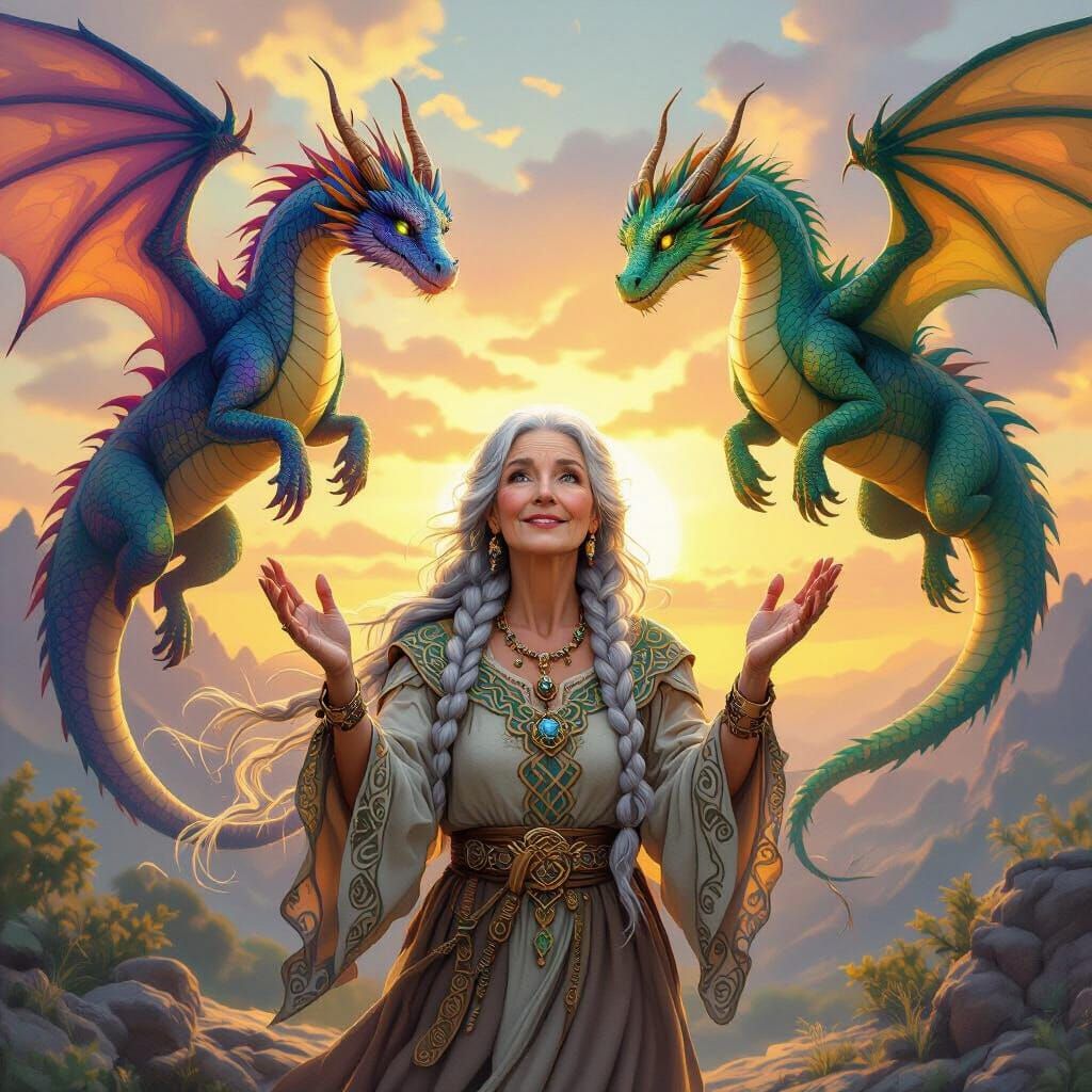 Elderly Woman Welcomes Dragons in Ethereal Sunset