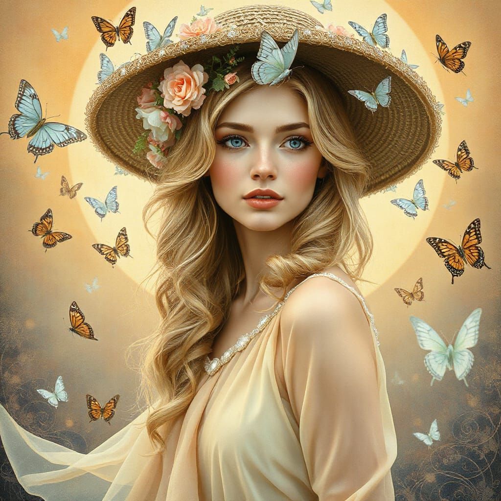 Woman with Flowers and Butterflies in Art Nouveau Style