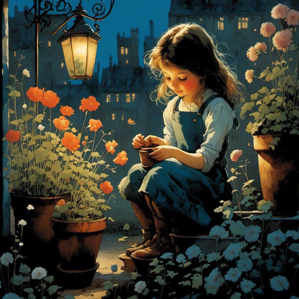 Girl Overjoyed by Blooming Flowers: Watercolor Art