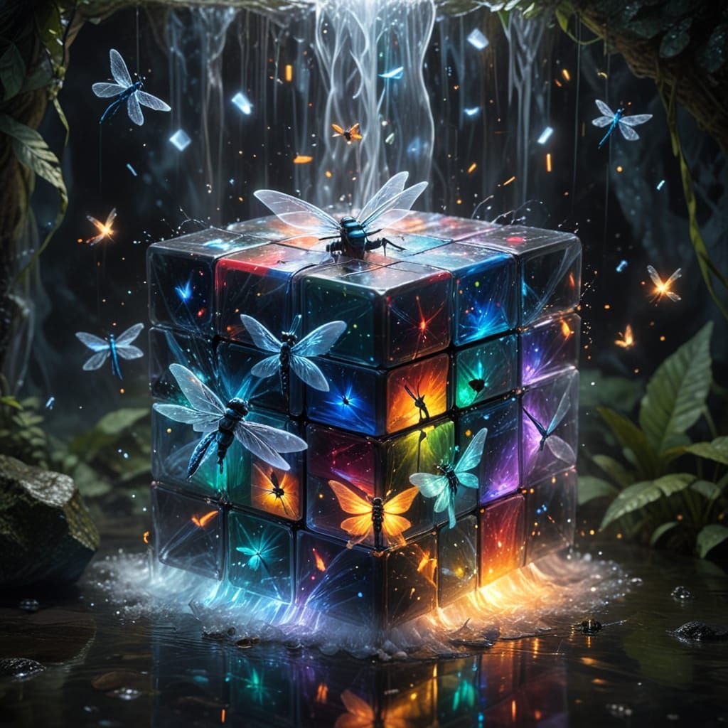 Epic Translucent Rubik's Cube in Whimsical Cosmic Vortex