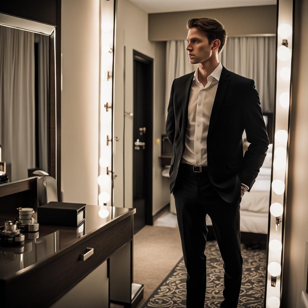 Nervous Man in Suit Looks in Mirror