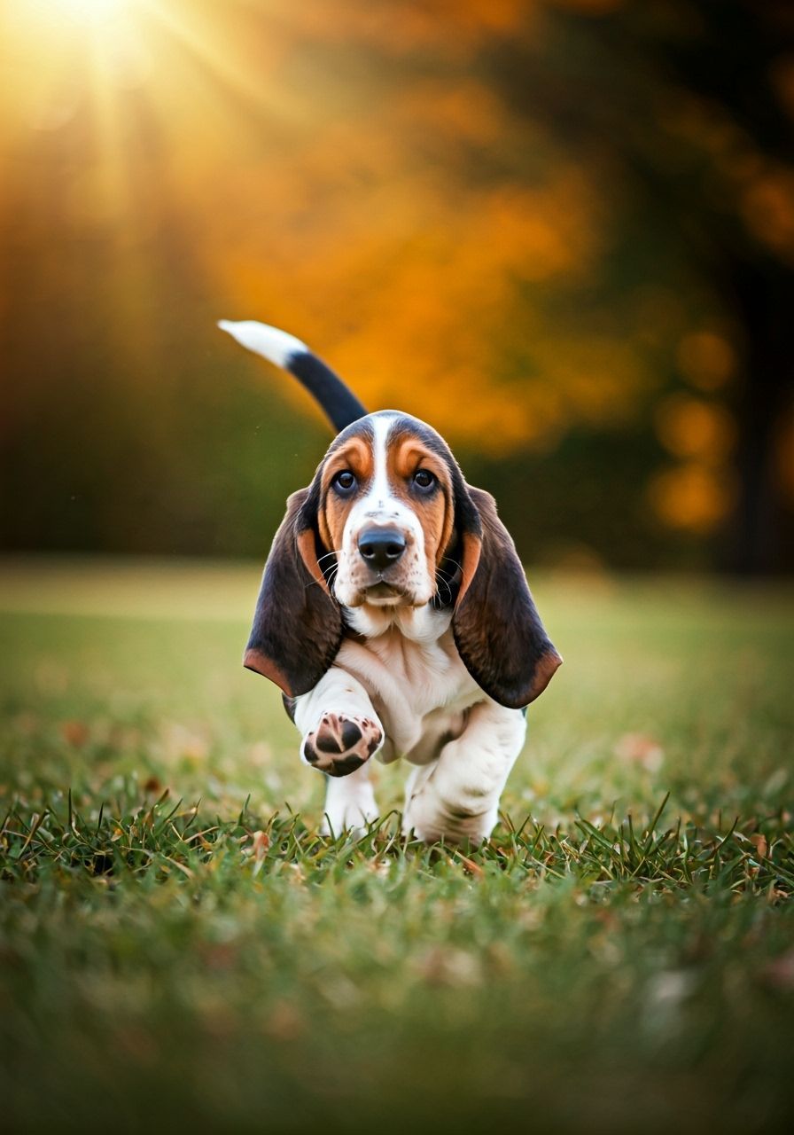 Basset Hound Puppy Running in Autumn Sunbeam