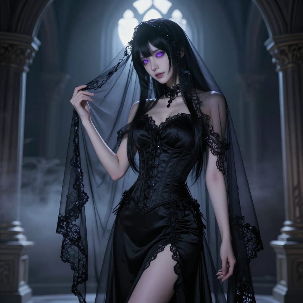 Gothic Beauty: Woman in Veil with Glowing Eyes