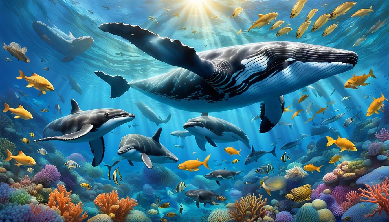 Underwater Ecosystem with Whales, Dolphins and Coral