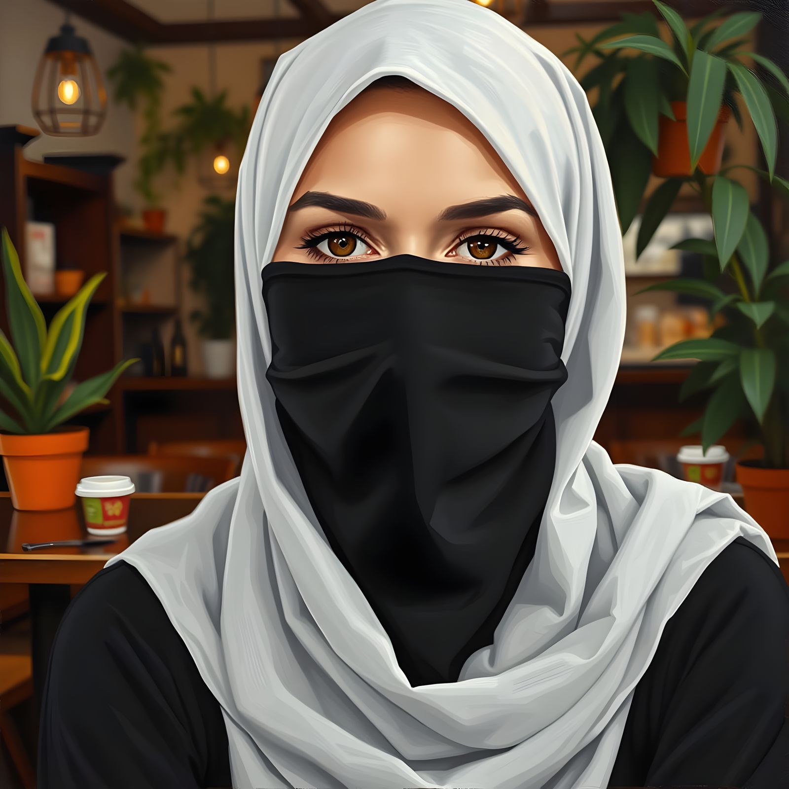 Elegant Hijab Woman in Cafe, Oil Painting Style