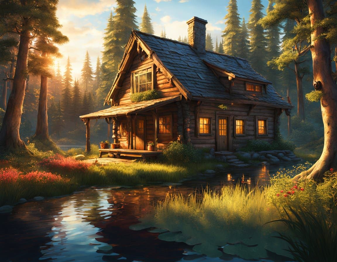 Old Wooden Cabin by Pond in Rich Autumn Landscape