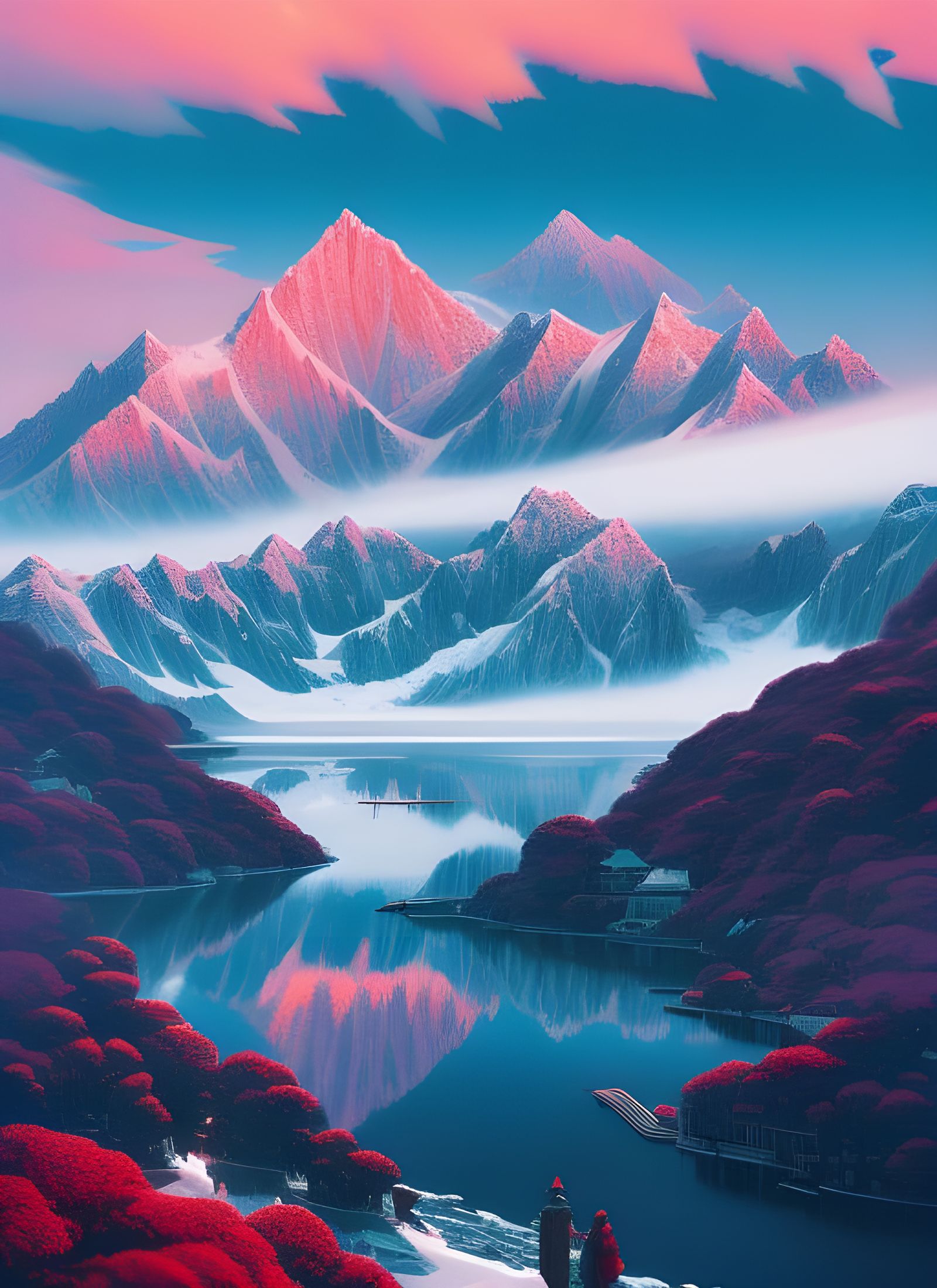 Snowcapped Mountains with Red Sky, Digital Illustration