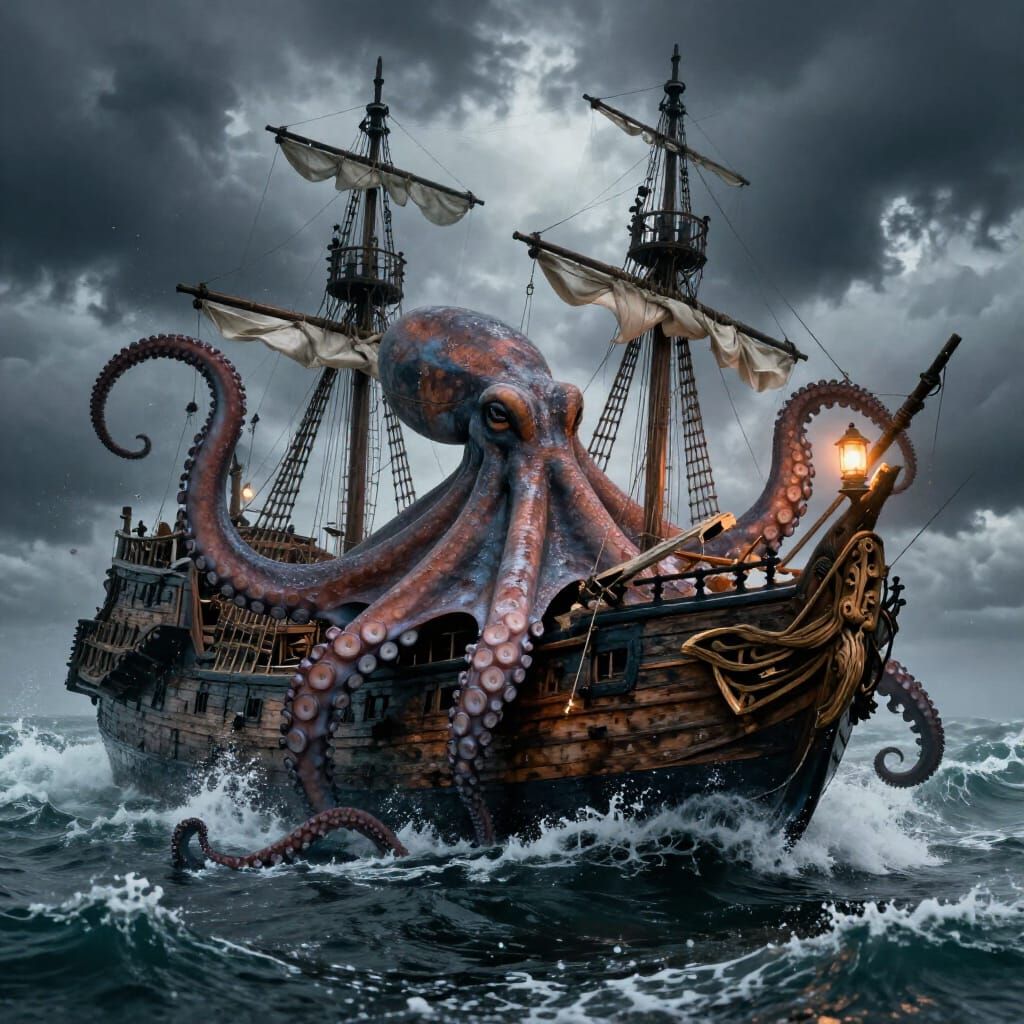 Giant Ancient Octopus Attacks Pirate Ship in Stormy Seas