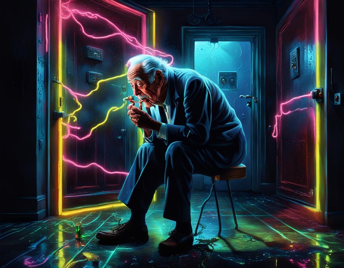 Surreal Neon Chewing Man in Dark Horror Style