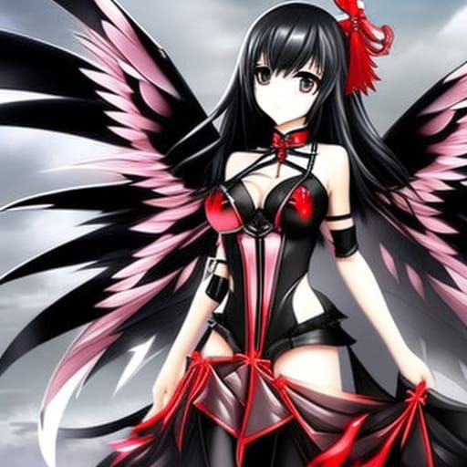 Magical Anime Girl with Red Wings in Airbrush Art