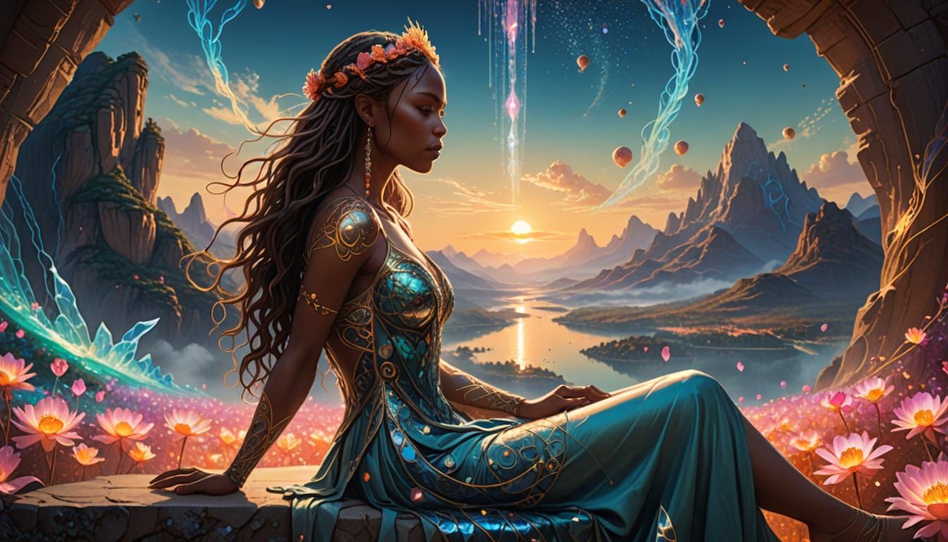 Radiant Woman in Surreal Alien Landscape