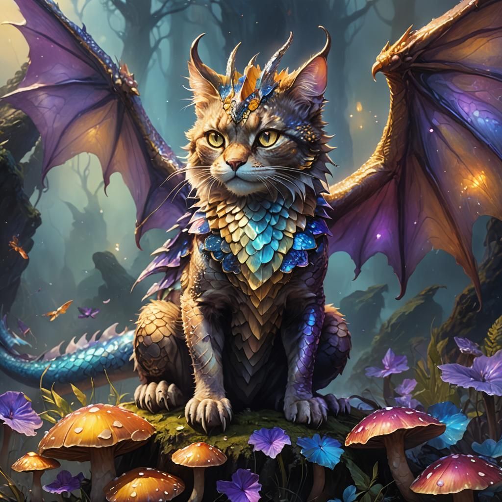 Dragon Cat Portrait on Glowing Mushroom, Fantasy Art