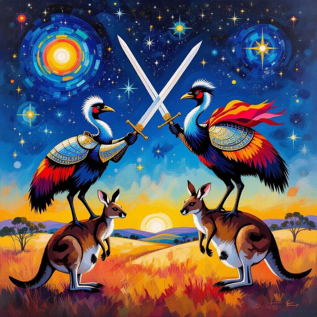 Emus Jousting on Kangaroos Under Starry Sky