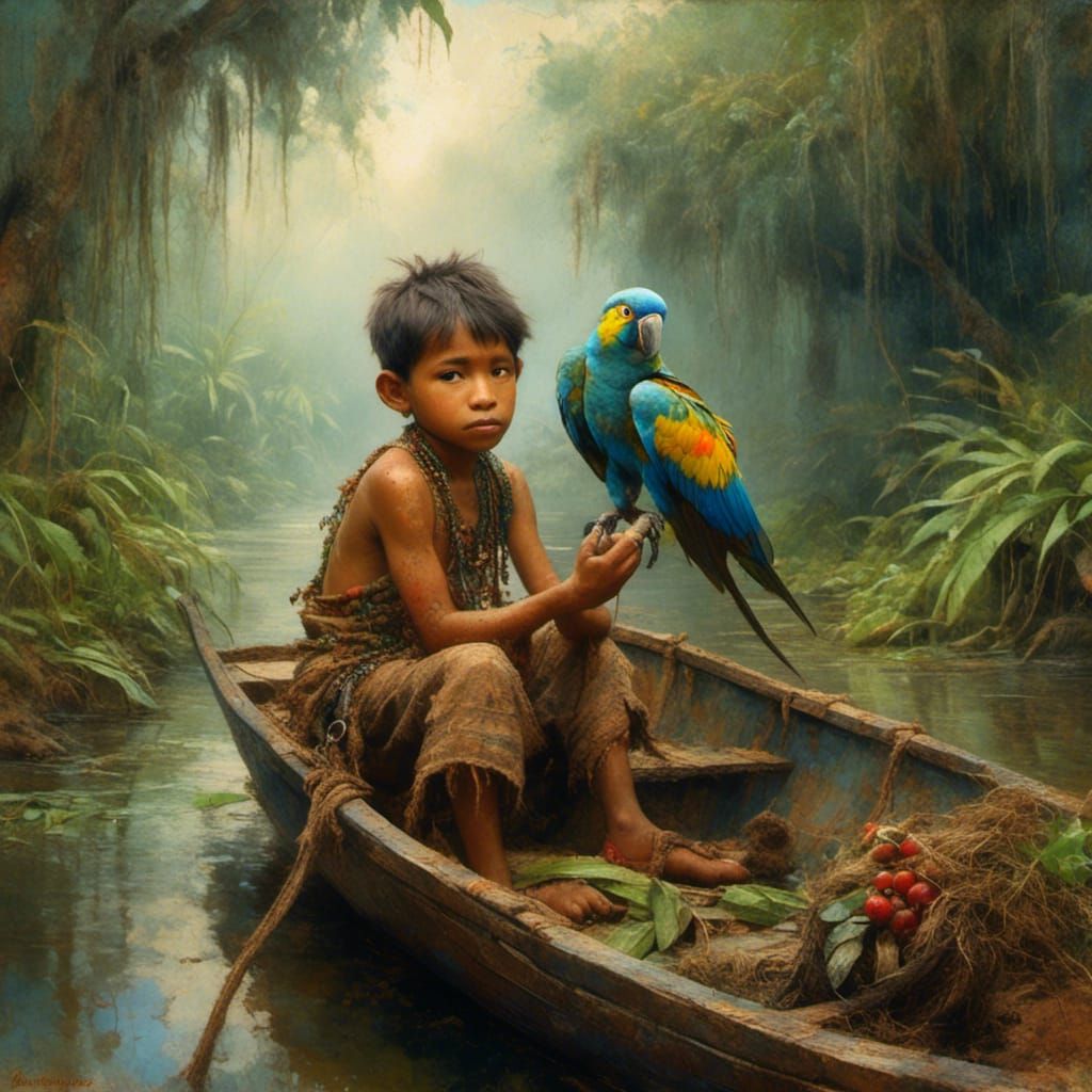 Boy and Parrot on Amazon River, Vintage Oil Painting
