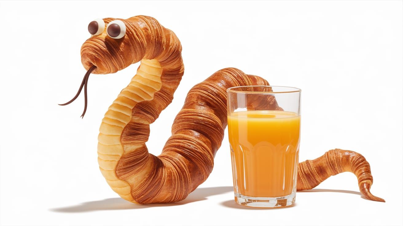 Whimsical Croissant Snake Sips Orange Juice