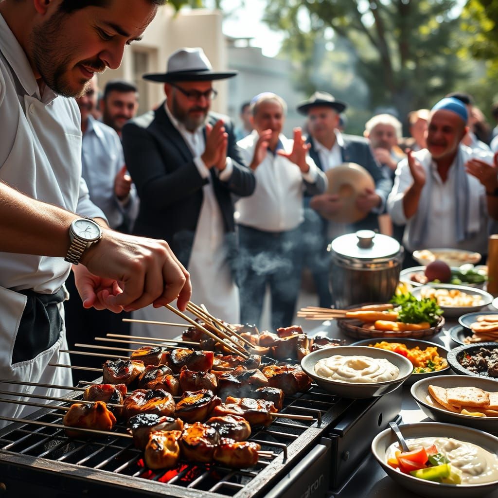 Jewish Chef Grills Meat at Joyful Outdoor Celebration in Pho...