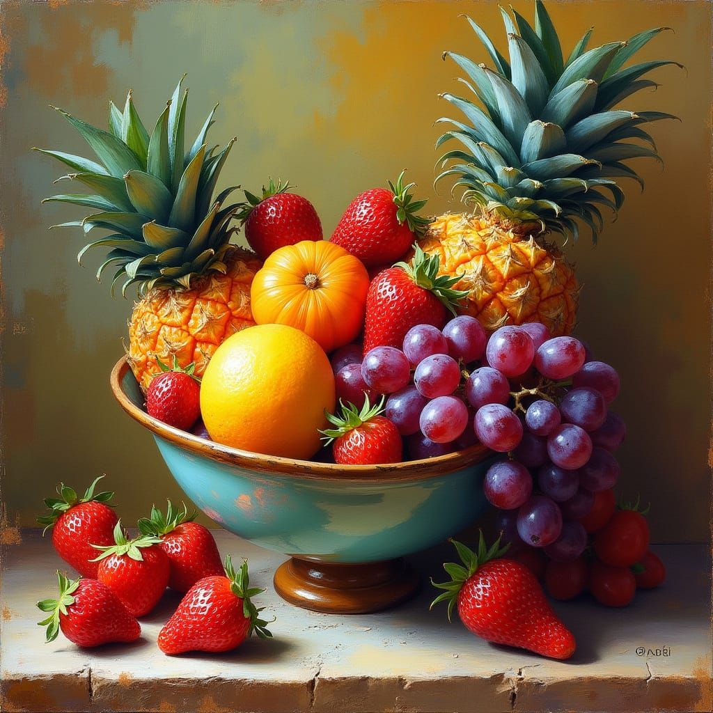 Vibrant Still Life Fruit Bowl in Antique Wooden Style