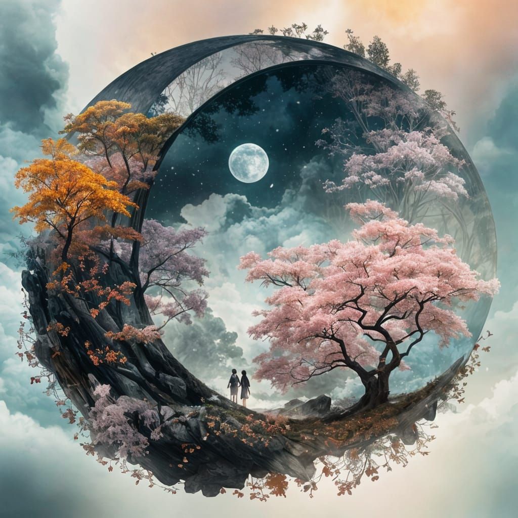 Four Seasons Double Exposure in Japanese Garden