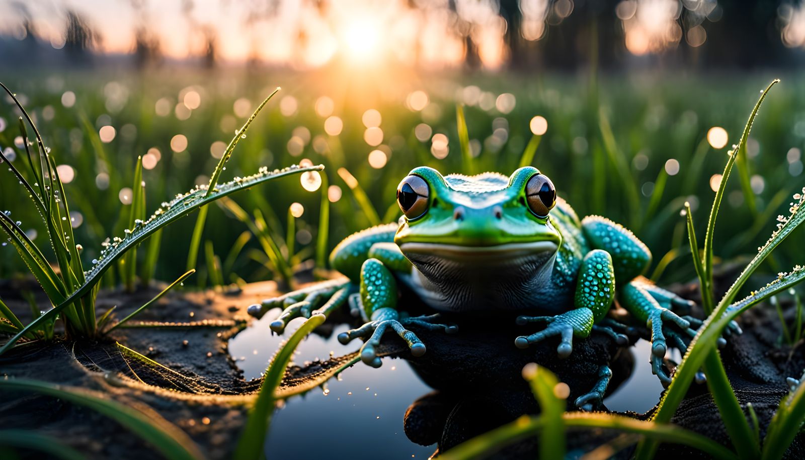 Dewy Frog in Meadow: Hyperrealistic Sci-Fi Landscape