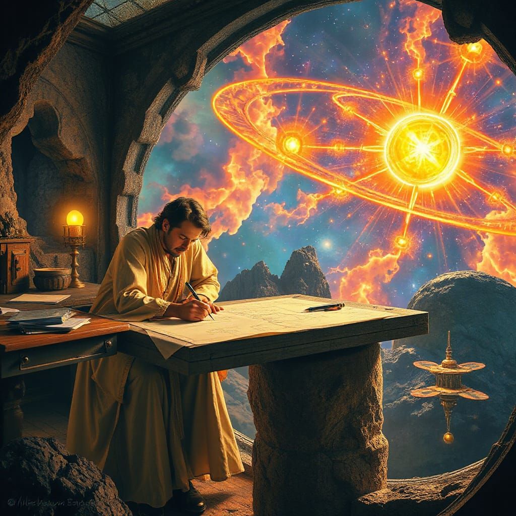 Celestial Architect Designing Dyson Sphere in Art Nouveau St...