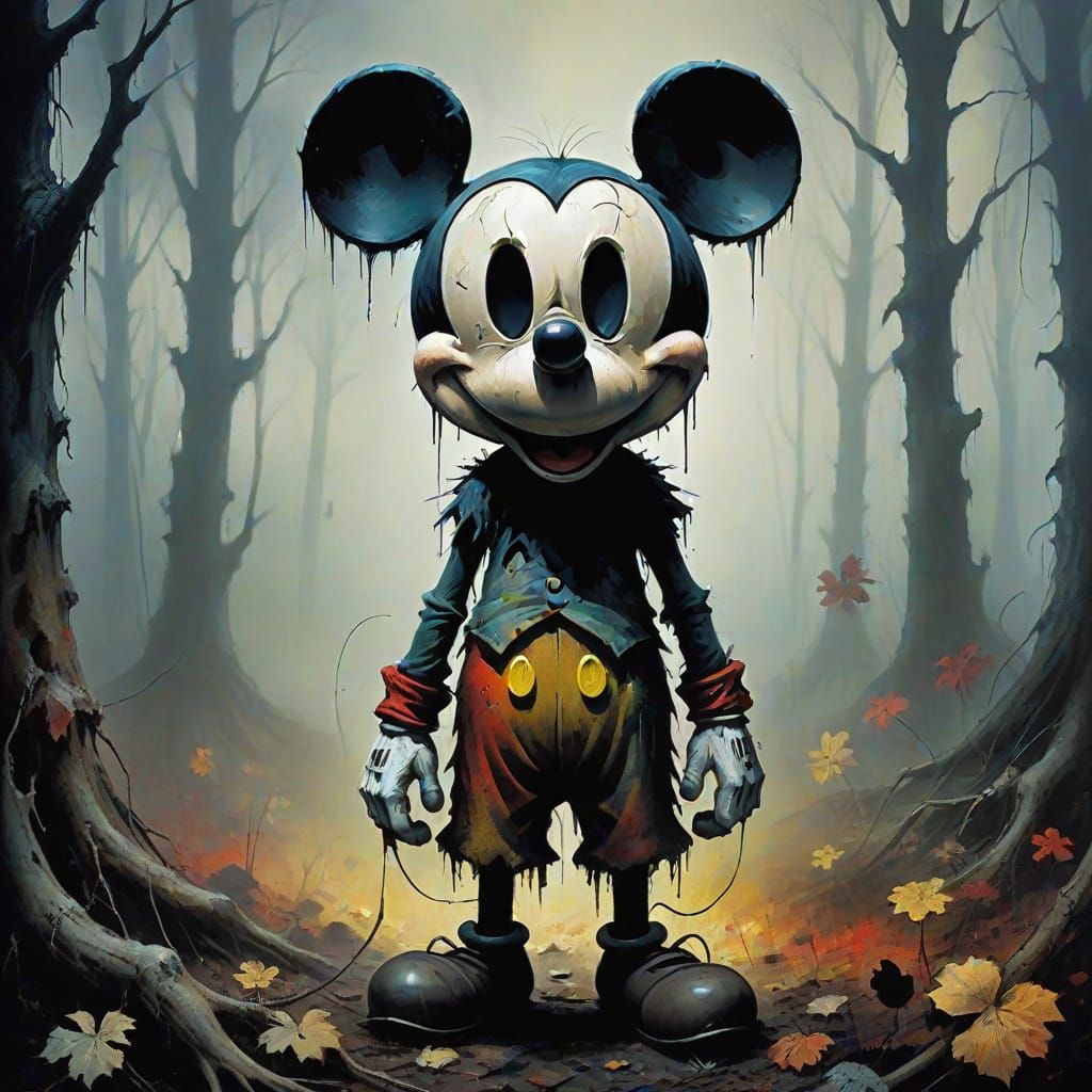 Nightmarish Mickey Mouse in Strange Forest