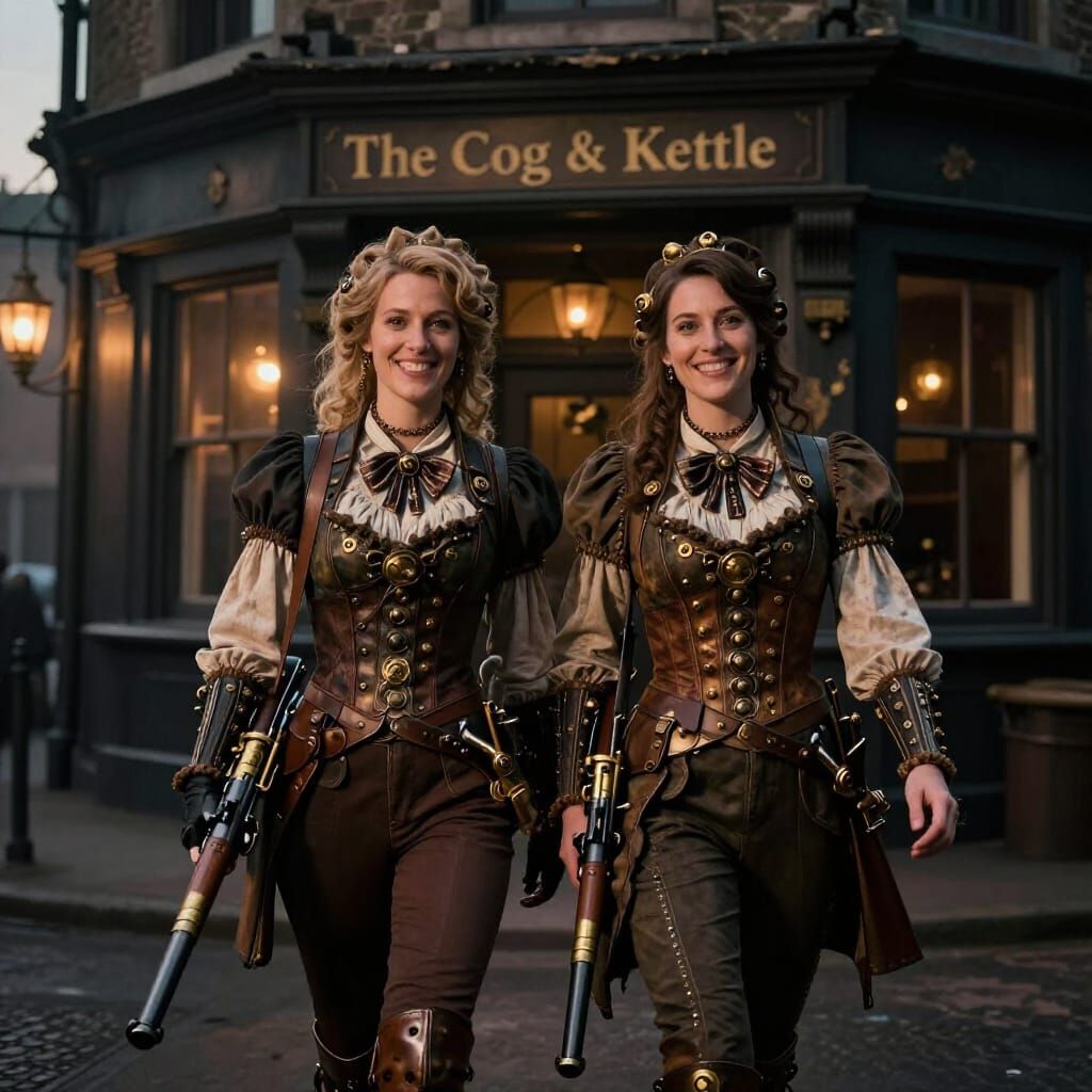 Steampunk Women with Guns at The Cog & Kettle Pub