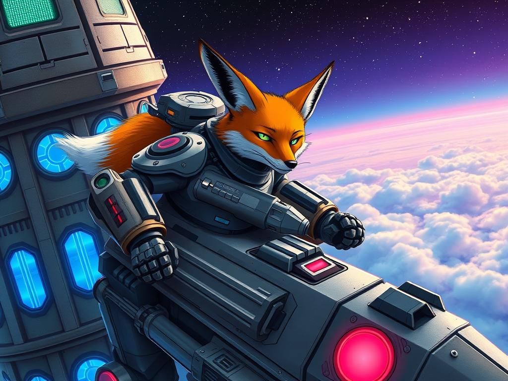 Armored Fox Pilot Soaring Above Space Colony