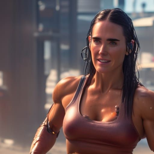 wet tanned big muscular female physique half cyborg enhanced female Jennifer Connelly realistic face, smiling, sunny day...