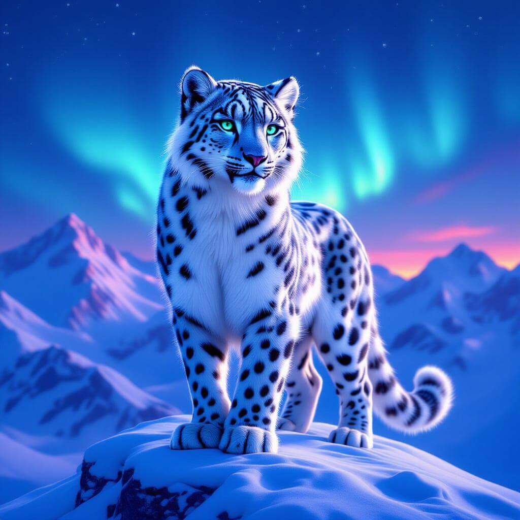 Muscular Snow Leopard Woman Under Aurora
