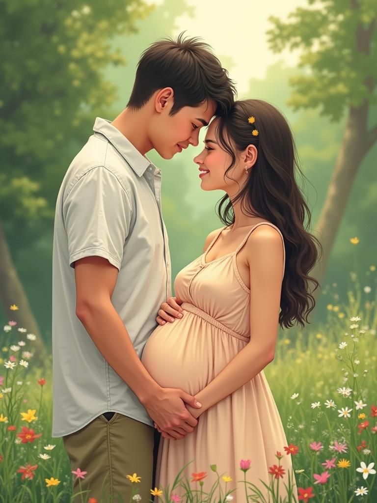 Pregnant Couple Embracing in Lush Greenery
