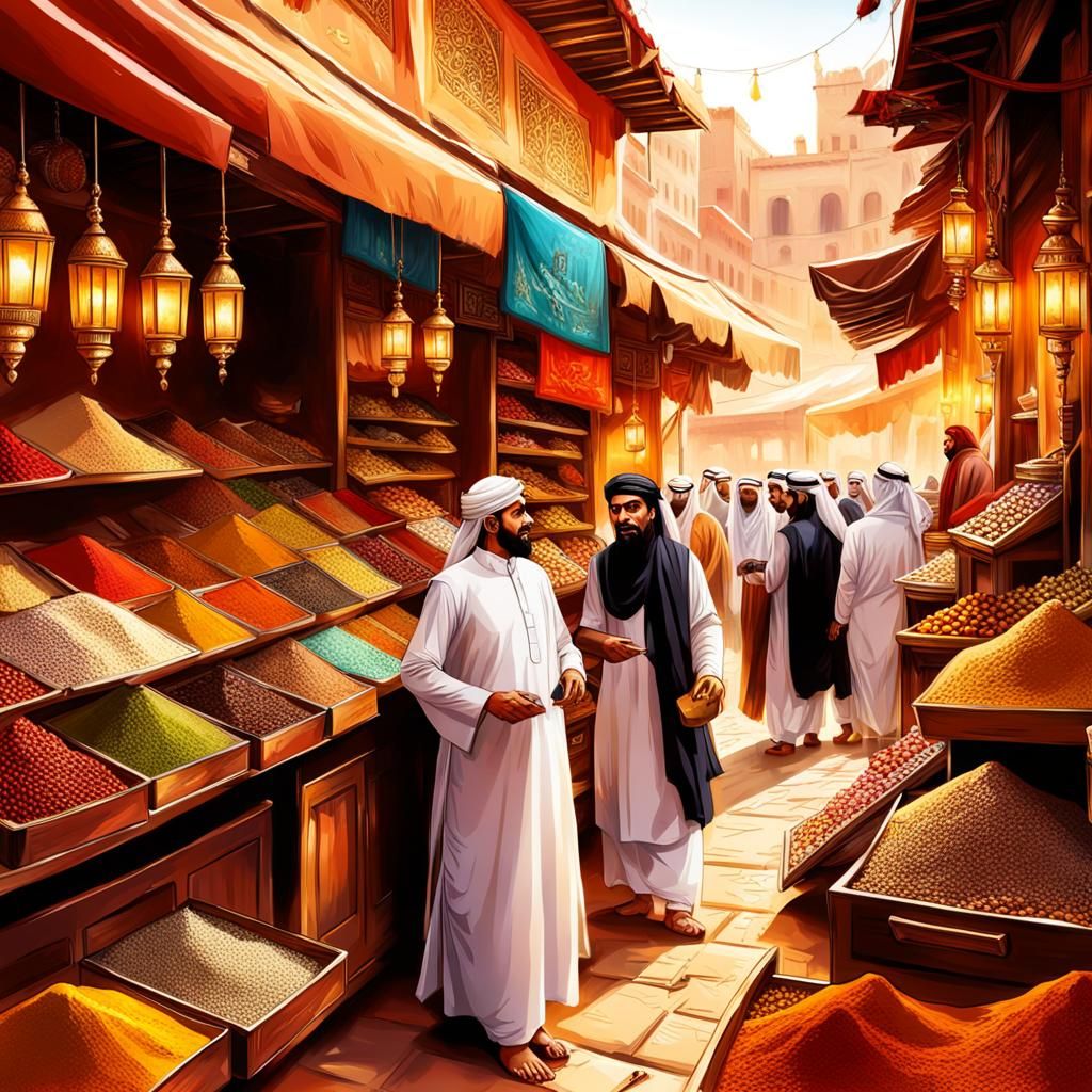 Vibrant Arabian Bazaar Scene in Hyperrealistic Style